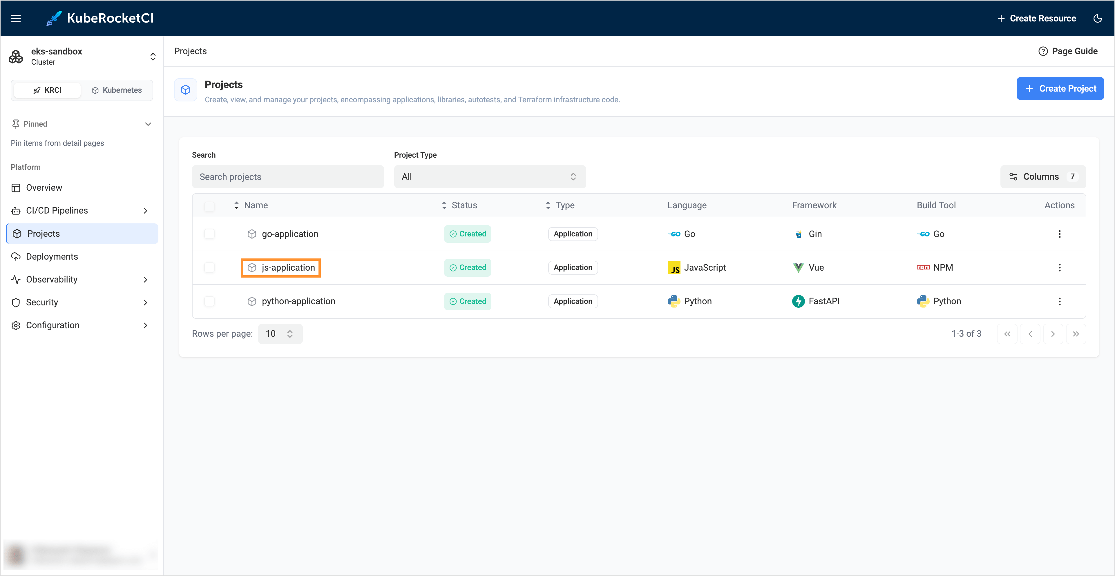 Projects list