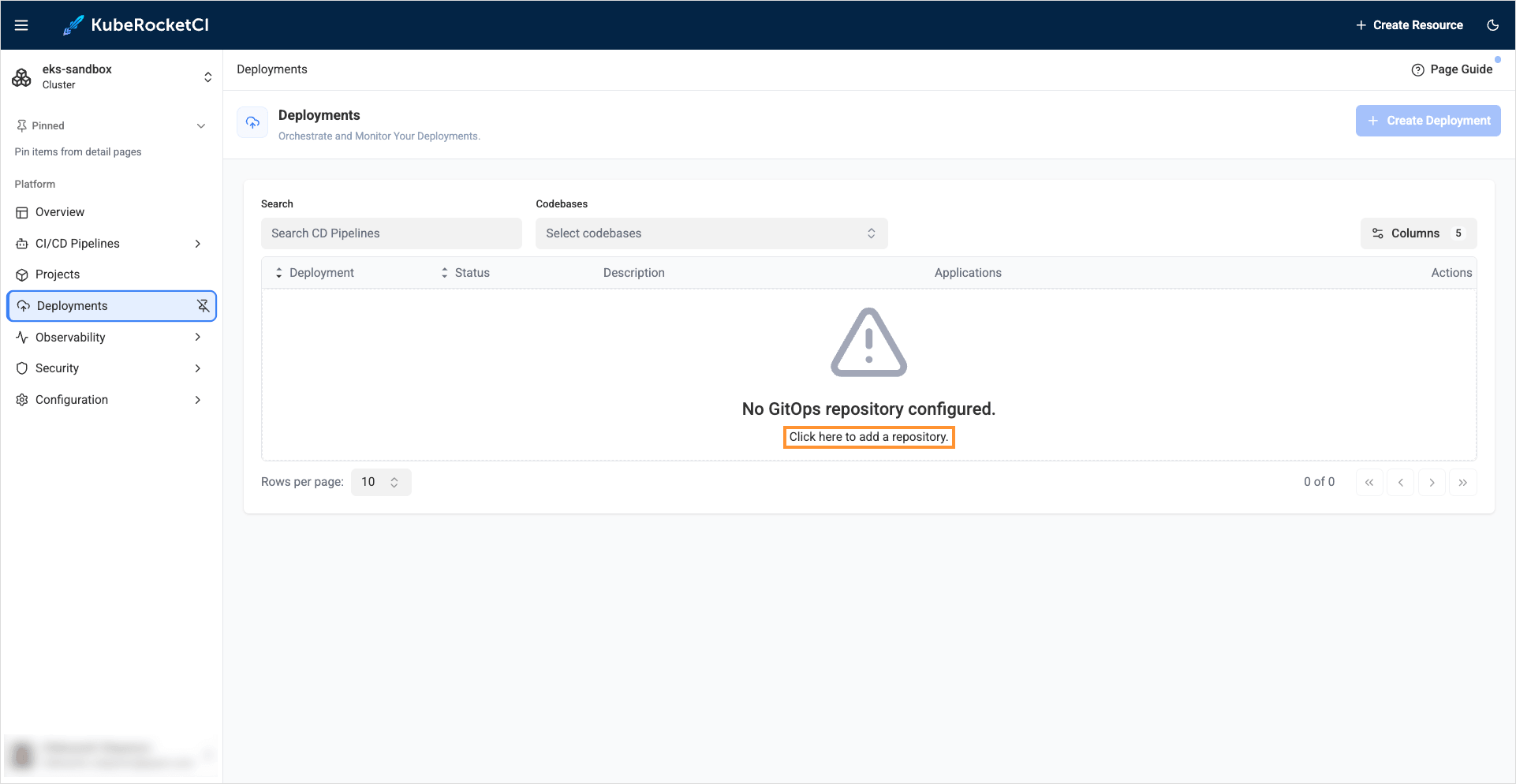 Deployments tab