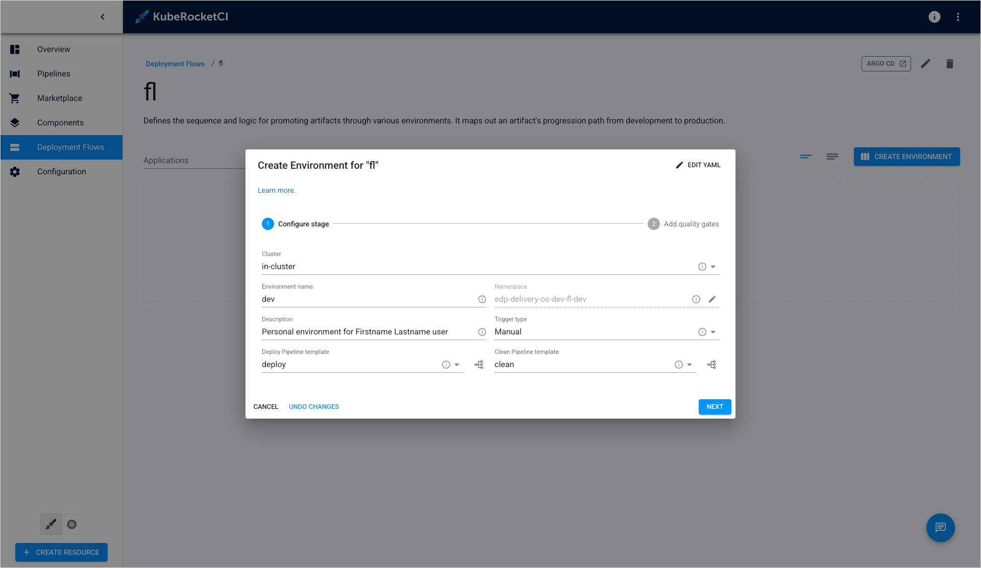Create environment menu Create environment menu