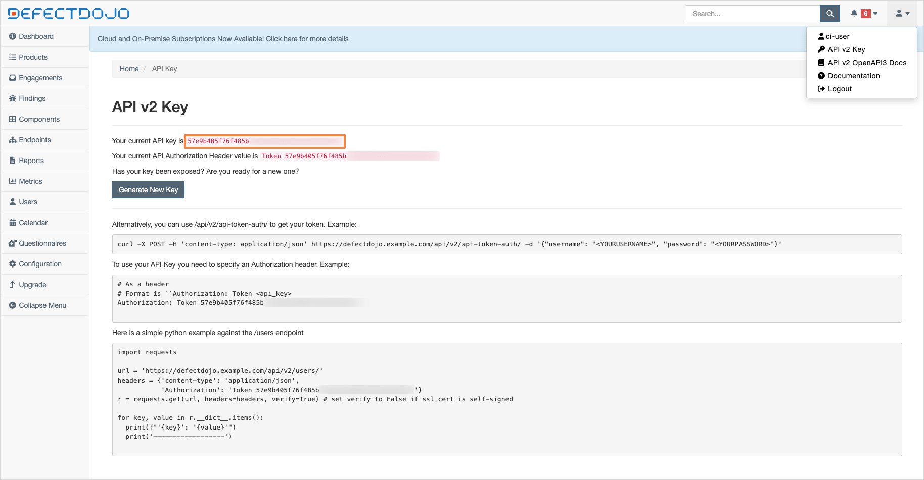 DefectDojo api-key DefectDojo api key