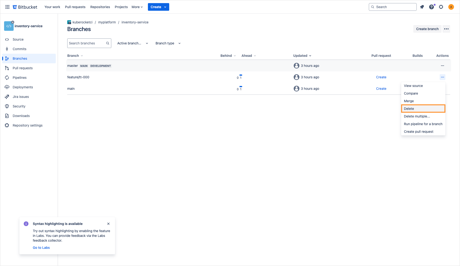 Delete branch in Bitbucket Delete branch in Bitbucket