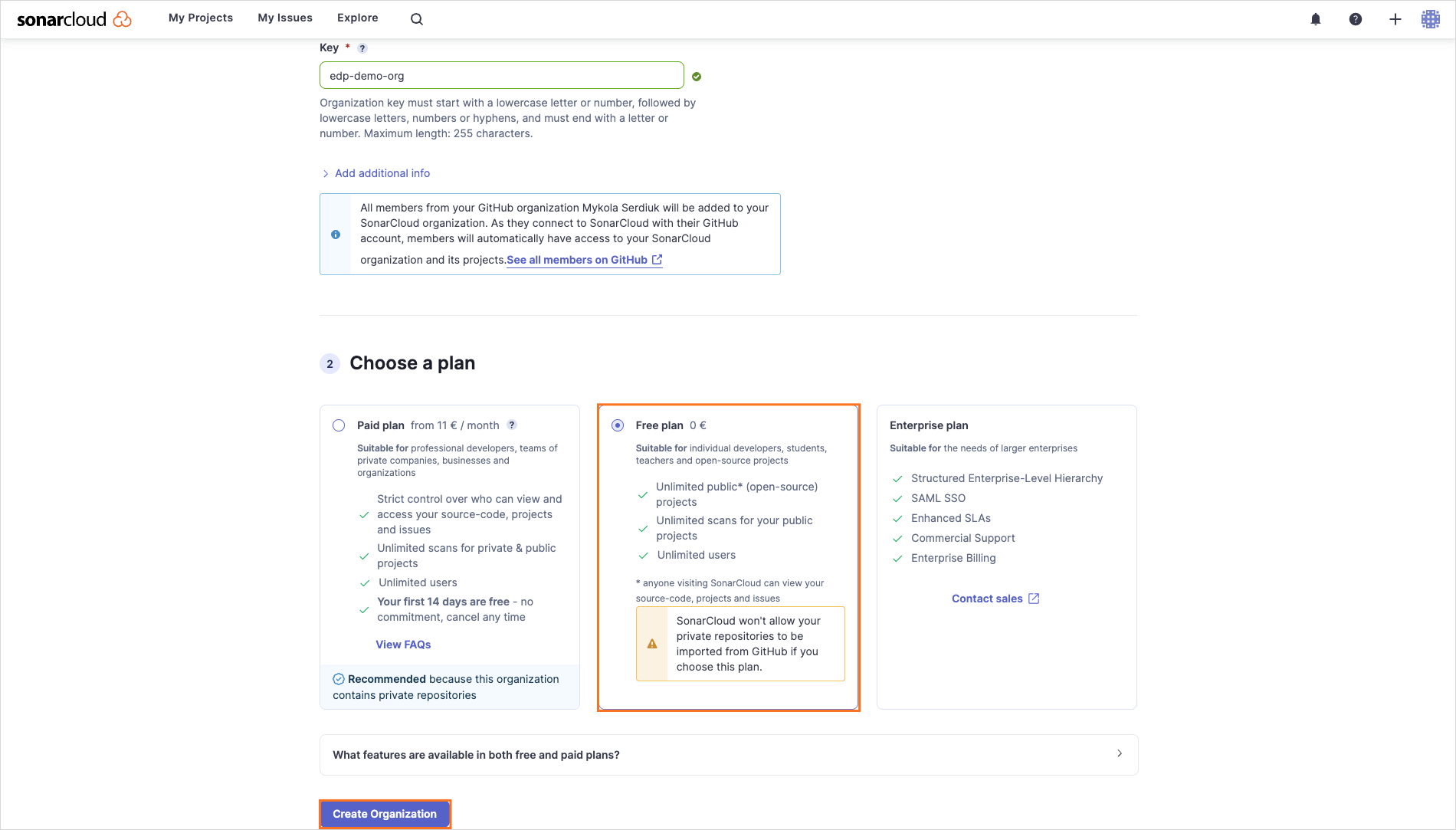 Choose plan Create organization