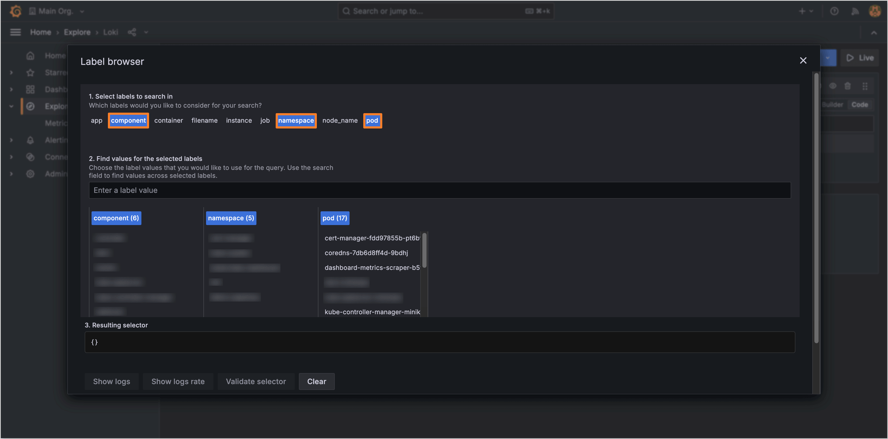 Logs example labels example