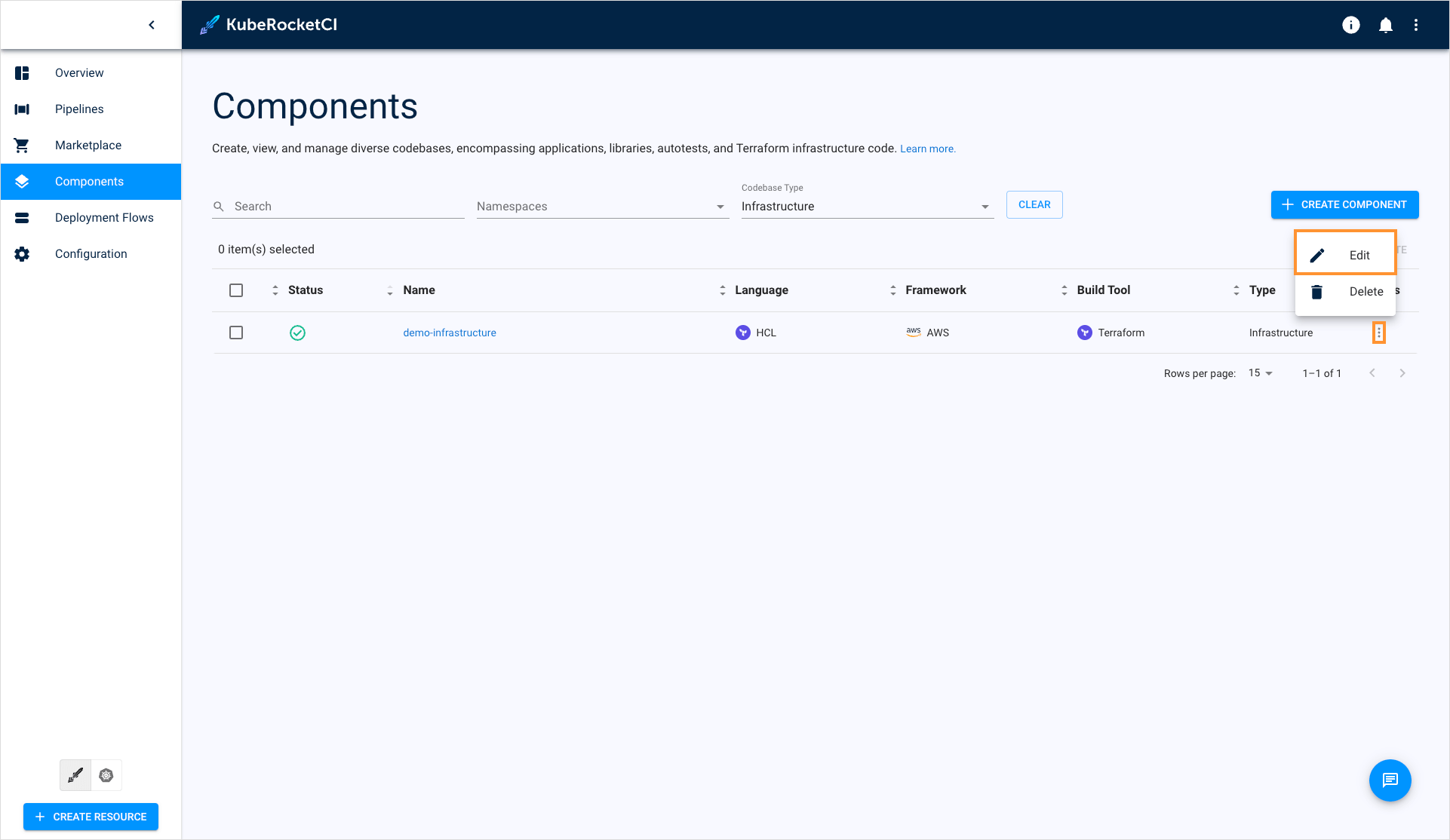 Edit infrastructure on the Infrastructures overview page Edit infrastructure on the Infrastructures overview page