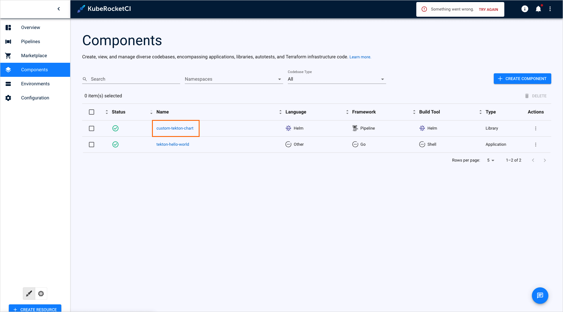 Codebase status Components overview page